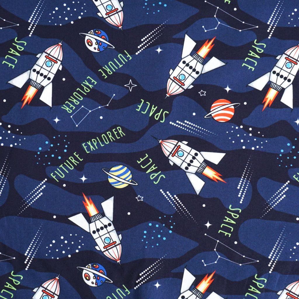 Baumwollstoff Motivdruck Raketen Space blau grau